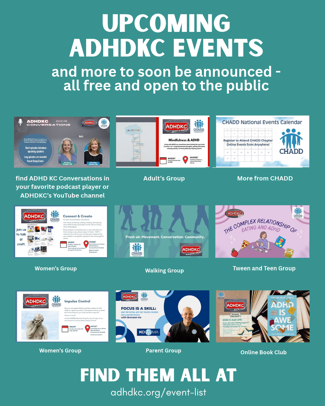 a screen shot of 9 upcoming adhd kc event images