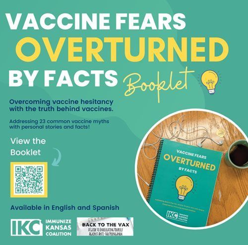 An informational graphic promoting a vaccine fact booklet by the Immunize Kansas Coalition, featuring a QR code.