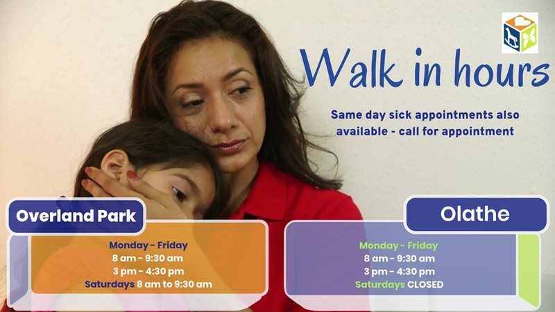A woman comforts a child. Text lists walk-in clinic hours for Overland Park and Olathe locations.