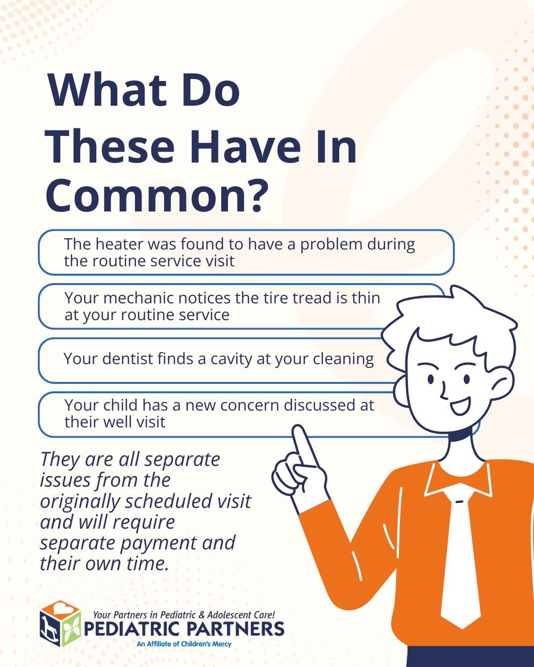 Poster with cartoon person and speech bubbles about separate dental issues, titled “What Do These Have In Common?”