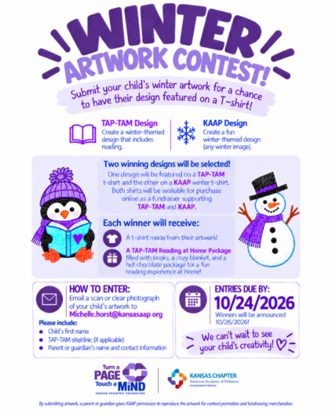 Winter artwork contest poster with purple title, penguin and snowman, submission details, and Oct. 24, 2026 deadline
