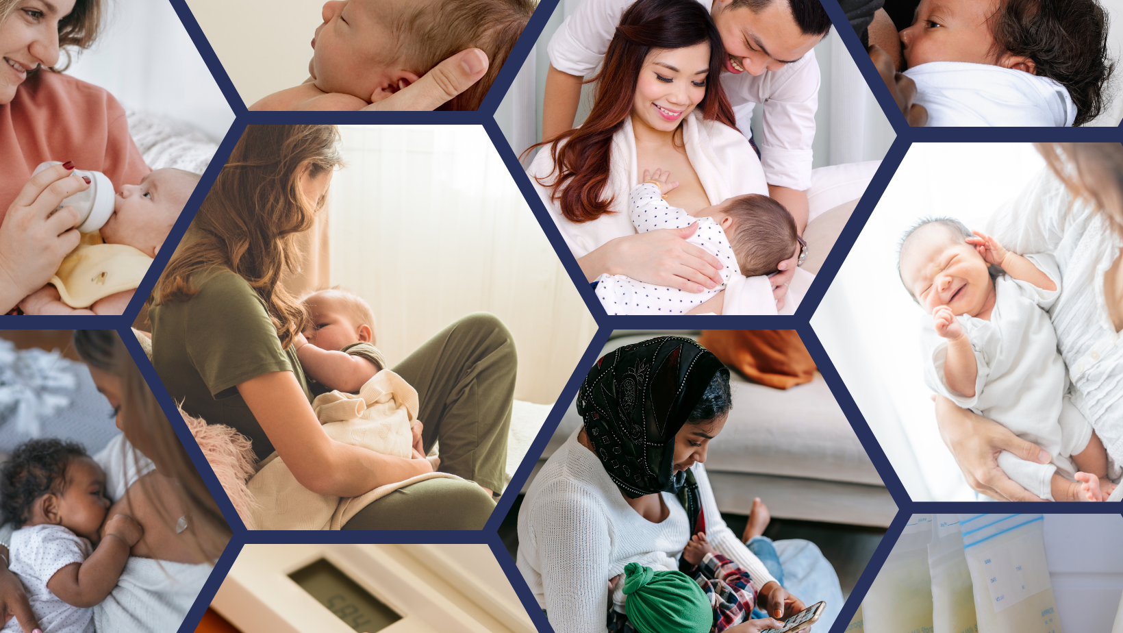Collage of newborns and parents in a hospital, including cuddling, sleeping, and feeding scenes
