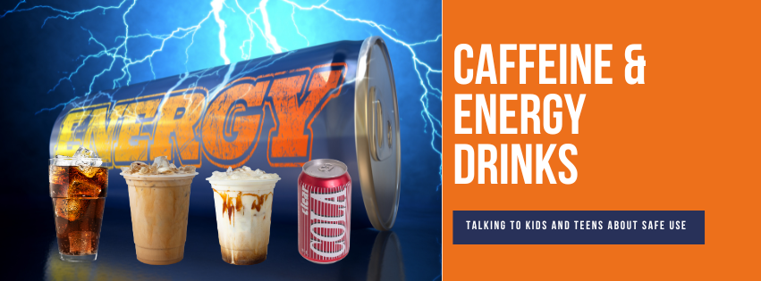 Energy drink ad with cans and glasses, lightning background, and bold orange text reading “CAFFEINE & ENERGY DRINKS”
