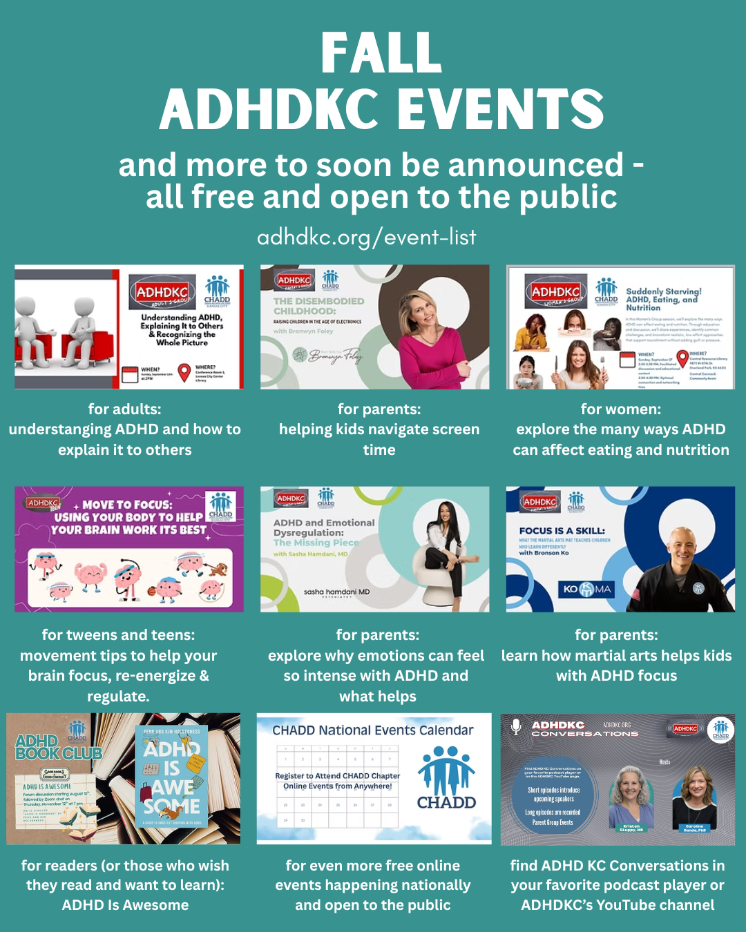adhdkc fall events with screen shots of each event coming soon
