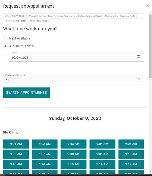 Online appointment scheduling form for a flu clinic showing available time slots for Sunday, October 9, 2022.
