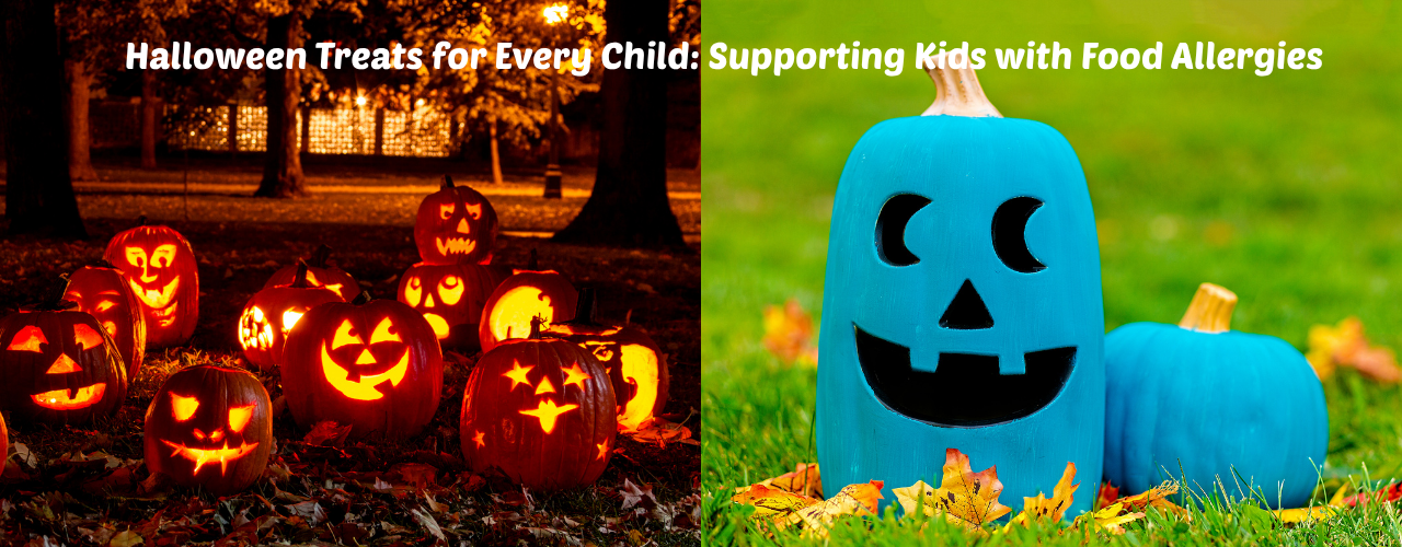Teal jack-o’-lantern beside glowing orange pumpkins on a dark autumn night, with text about allergy-friendly Halloween treats