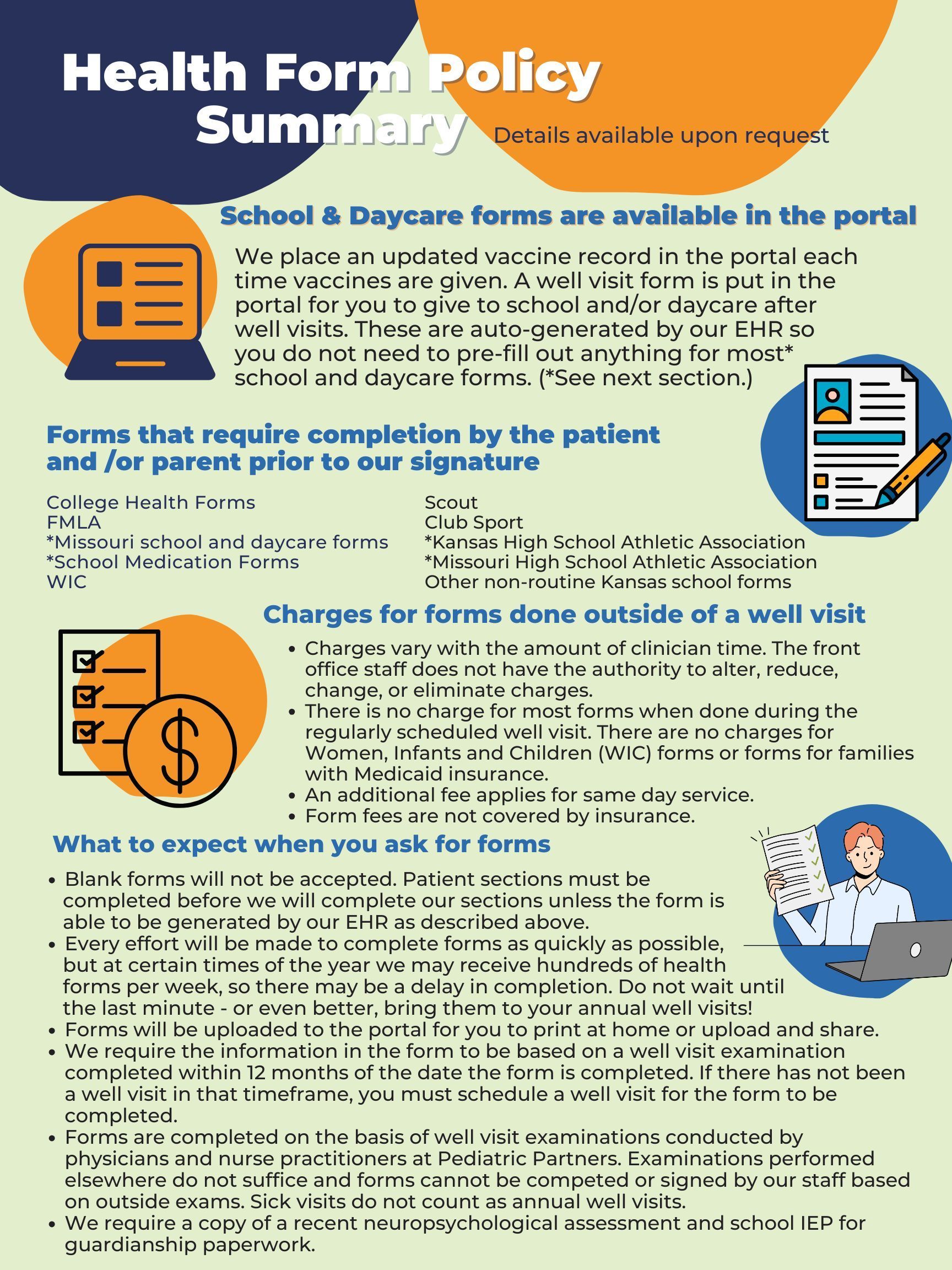 Health form policy summary infographic with blue, orange and yellow sections, icons, and dense text that is reproduced below.
