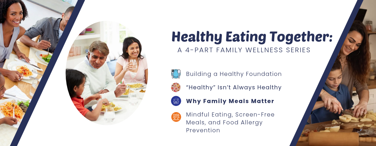 Healthy Eating Together wellness flyer with photos of smiling people cooking, shopping, and eating healthy food with kids and adults