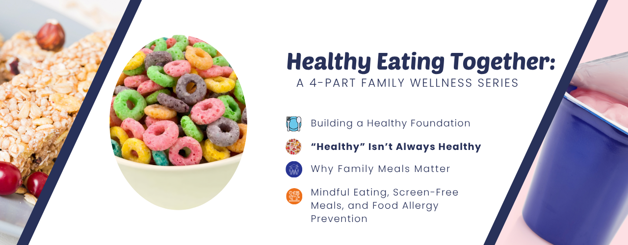 Healthy eating flyer with cereal, yogurt, grapes, and text about balanced snacks