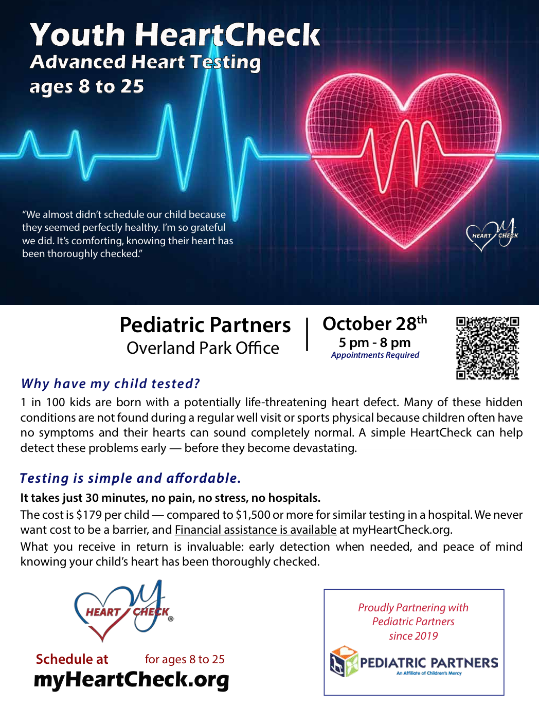 Youth HeartCheck event flyer with blue ECG line, glowing heart, and October 28 details.