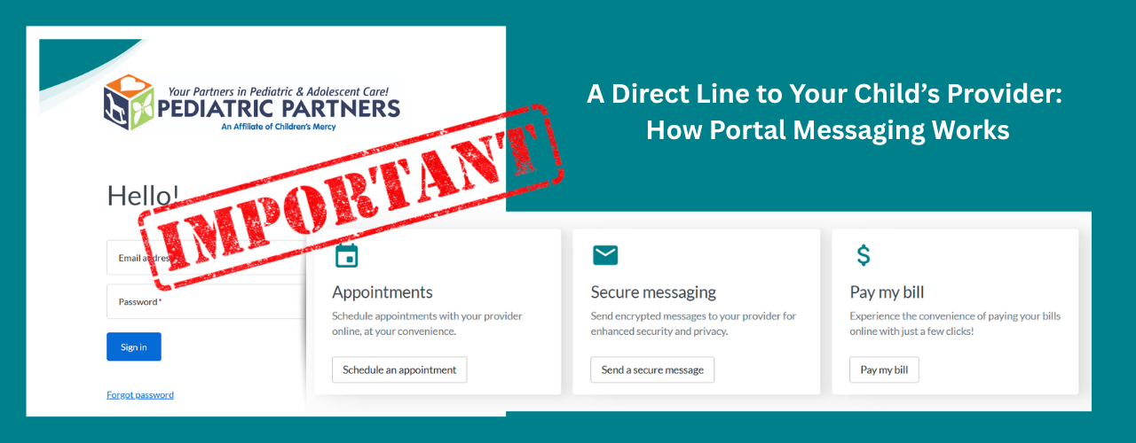 Patient portal webpage for Pediatric Partners with a red “IMPORTANT” stamp and login help panel.