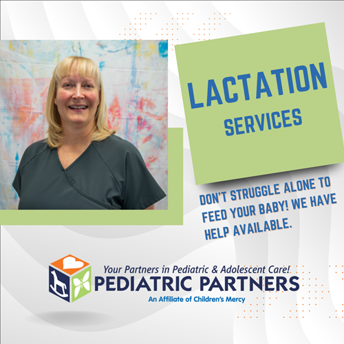 An advertisement for Pediatric Partners lactation services featuring a staff member and text about infant feeding support.