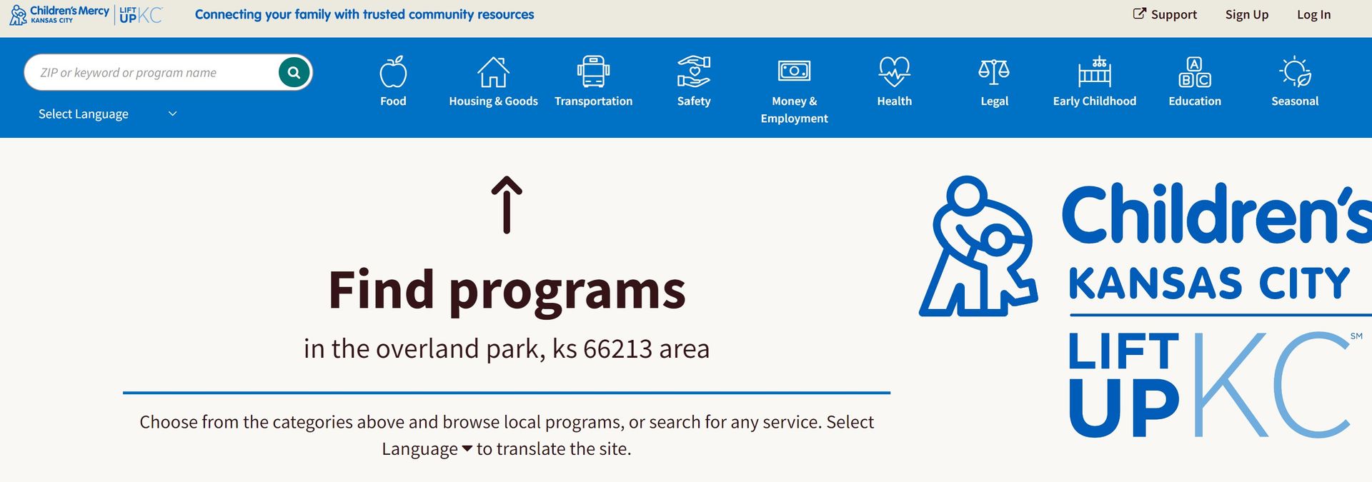 A webpage header for Children’s Kansas City Lift Up KC, featuring navigation icons, a search bar, and program search tool.