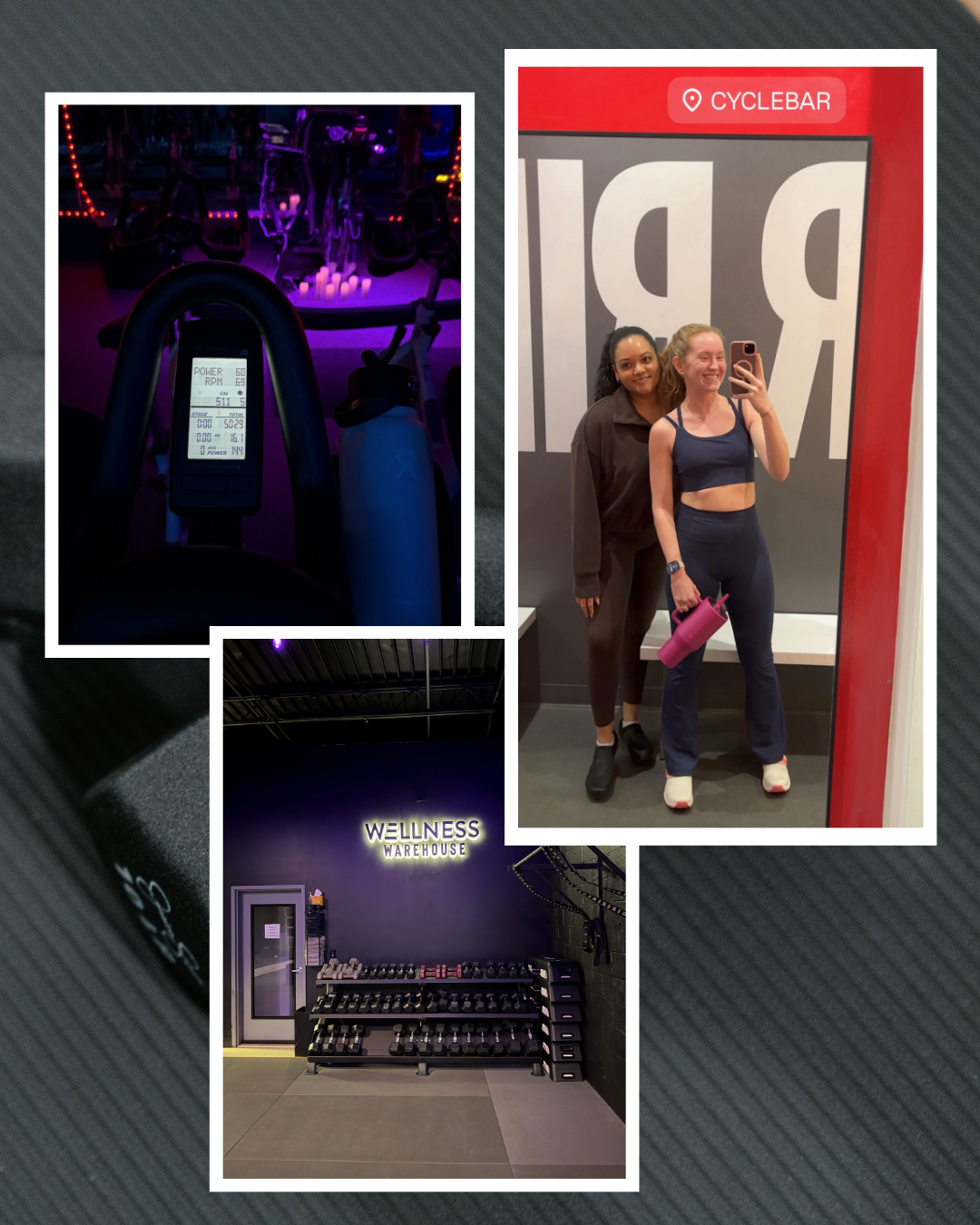 Collage of Loren with her trainer and workout equipment.