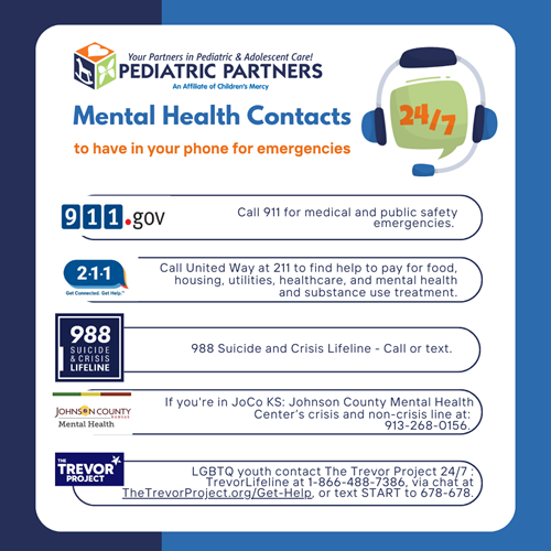 A flyer listing 24/7 mental health emergency contacts, including 911, 211, 988, Johnson County, and The Trevor Project.