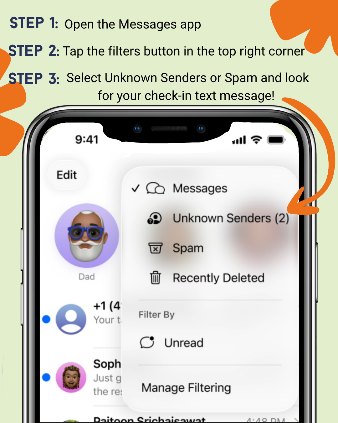 Illustrated iPhone Messages screen with a menu open to Unknown Senders, Spam, and Recently Deleted options.