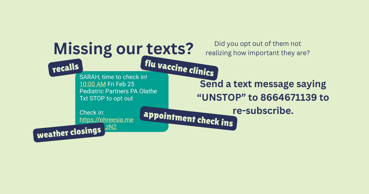 Reminder graphic about not receiving check-in text for an appointment, with phone and bell icon.