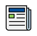 An icon of a newspaper with a blue headline block, a small green square, and lines representing text.