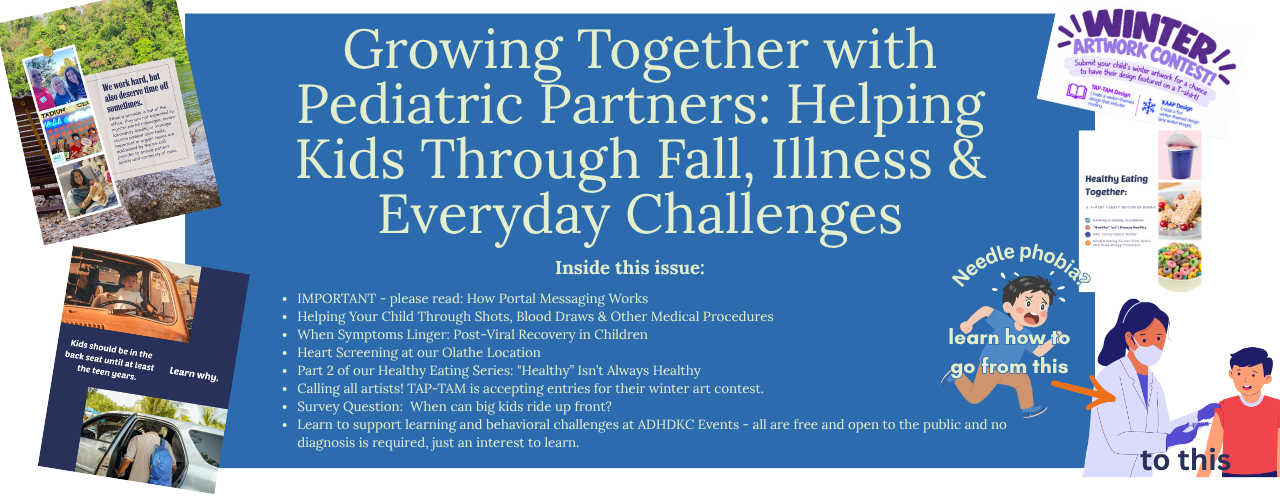 Blue event banner: “Growing Together with Pediatric Partners” with photos and a list of what's inside
