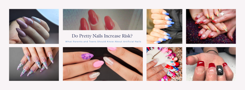 Collage of long, colorful acrylic nail designs with rhinestones and floral patterns with a title of do pretty nails increase risk