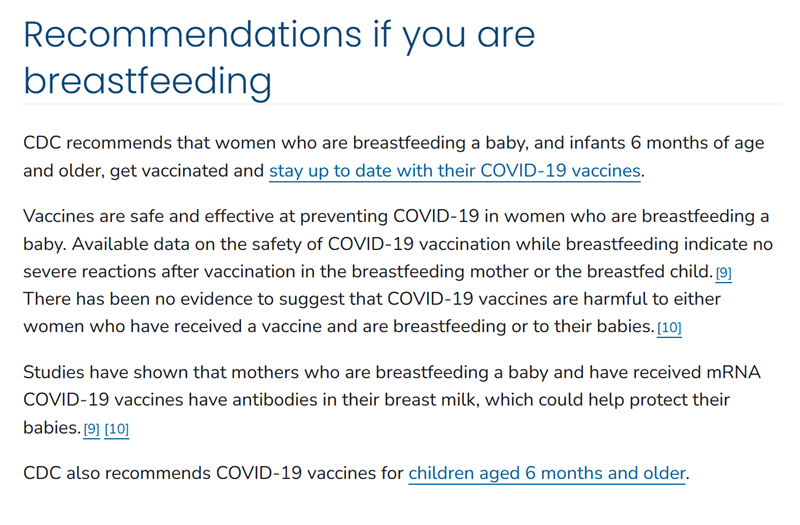 Text from a CDC guidance page recommending COVID-19 vaccination for breastfeeding women and infants 6 months and older.