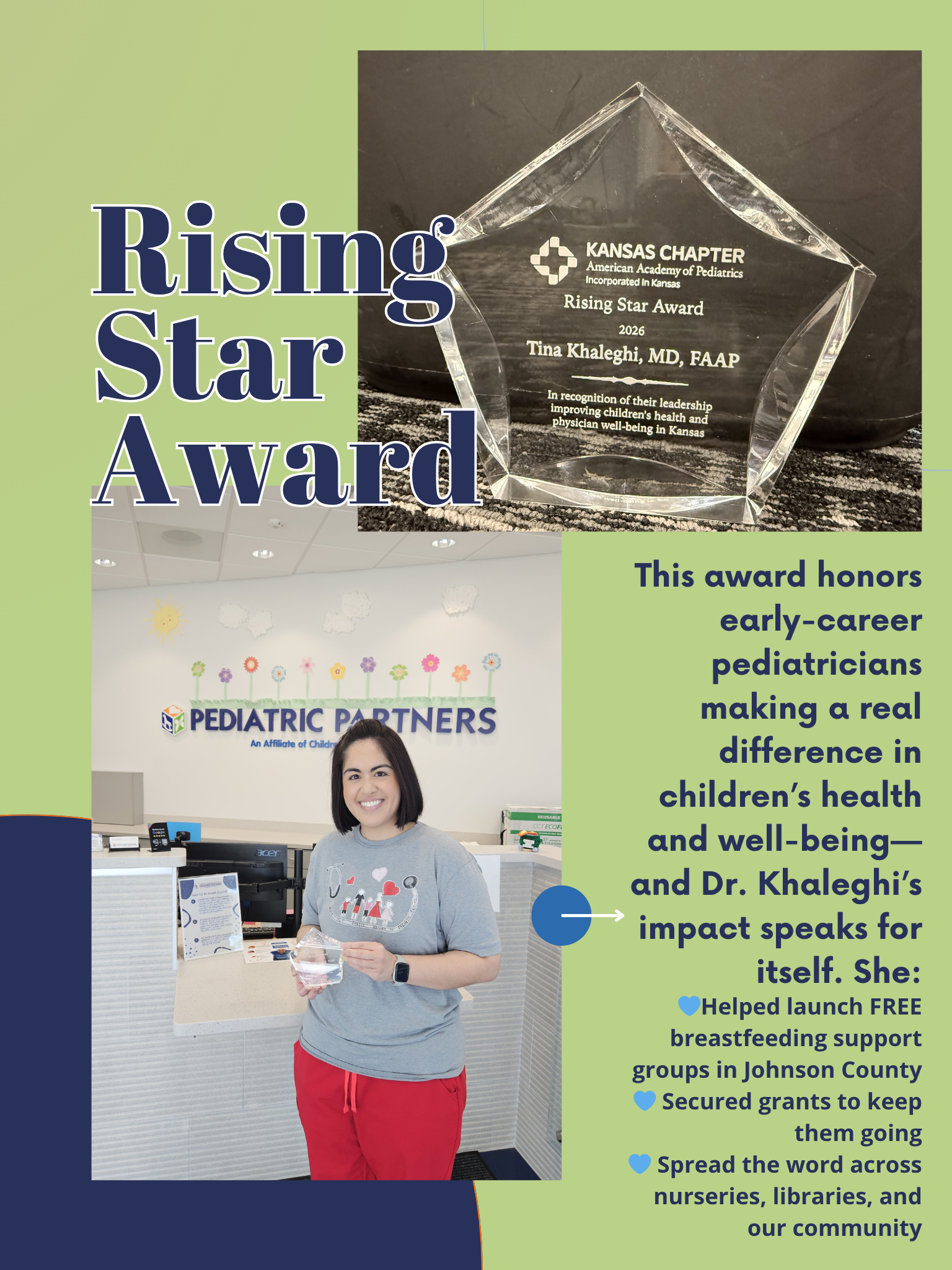 Rising Star Award flyer with trophy and clinic staff photo, highlighting pediatric nutrition care honors