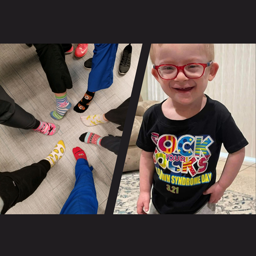 A split image showing a group wearing mismatched socks and a child wearing a 
