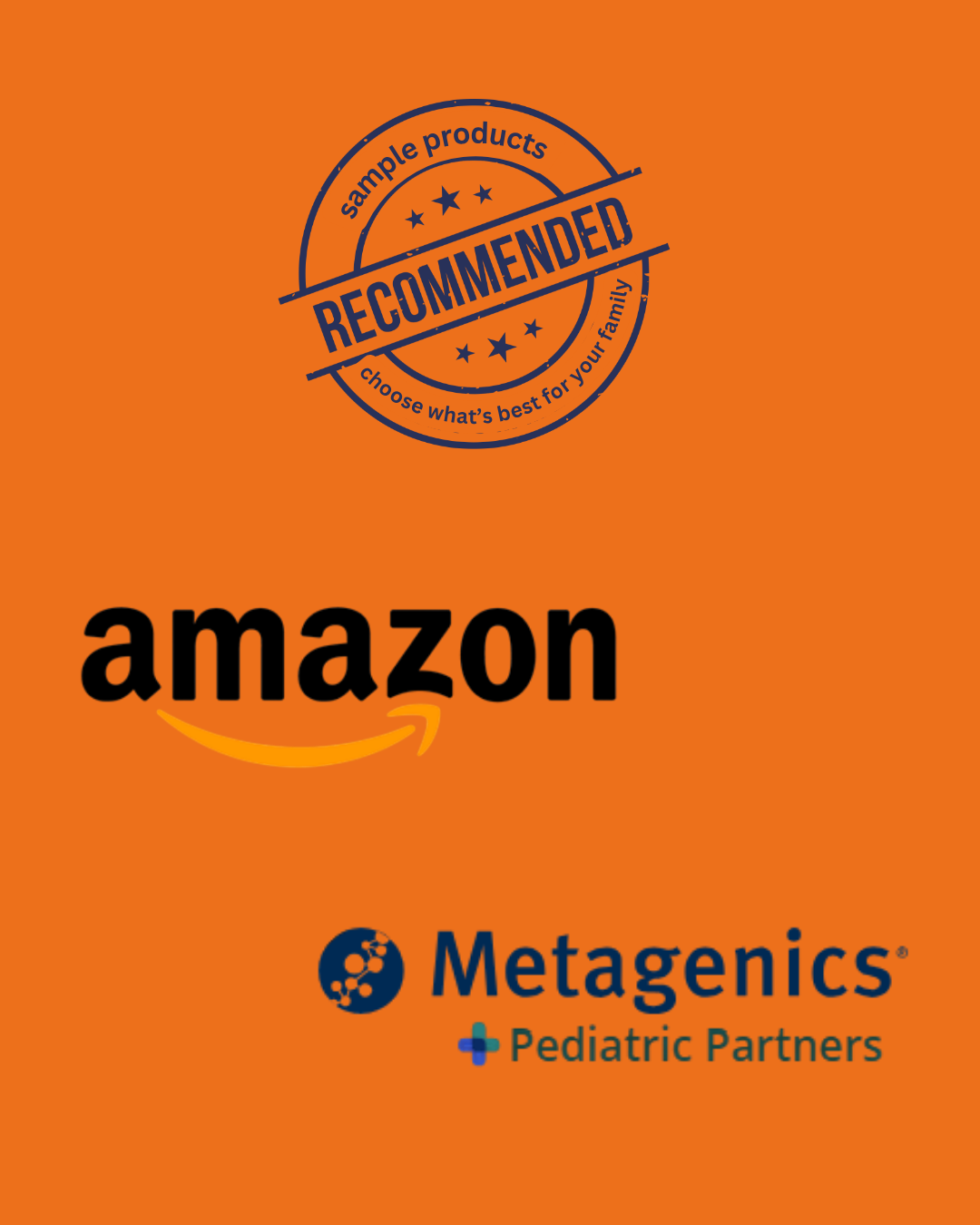 Orange background graphic featuring a circular blue “Recommended” stamp with the words “sample products” and “choose what’s best for your family.” Below the stamp is the Amazon logo in black with the yellow smile arrow. At the bottom is the Metagenics + Pediatric Partners logo in blue and teal.