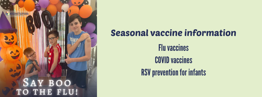 Seasonal vaccine information poster with Halloween decorations and three children in showing off their band aides after vaccines