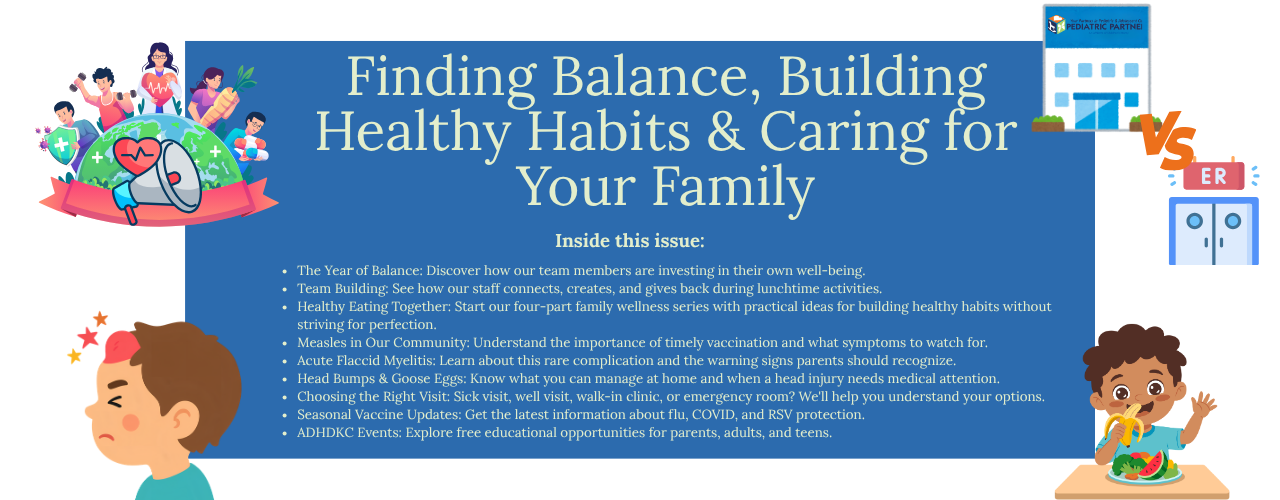 “Finding Balance, Building Healthy Habits & Caring for Your Family” with children and health icons on a blue background