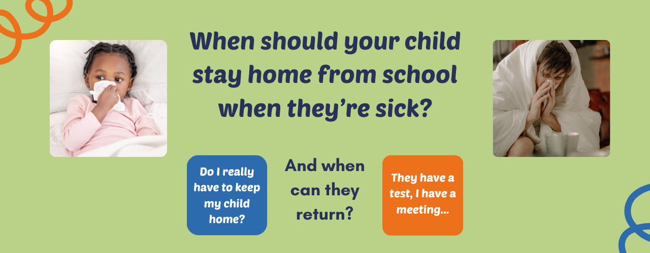 Health poster asking when a sick child should stay home from school, with sick child photos on a green background