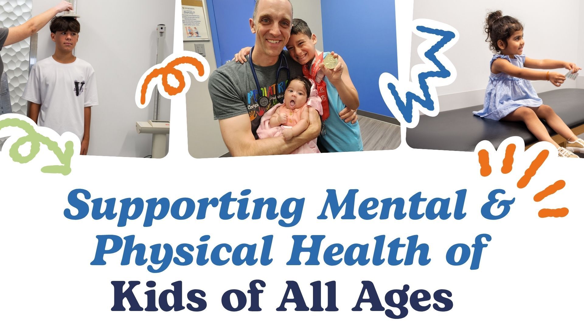 Kids at pediatric partners with text: Supporting Mental & Physical Health of Kids of All Ages