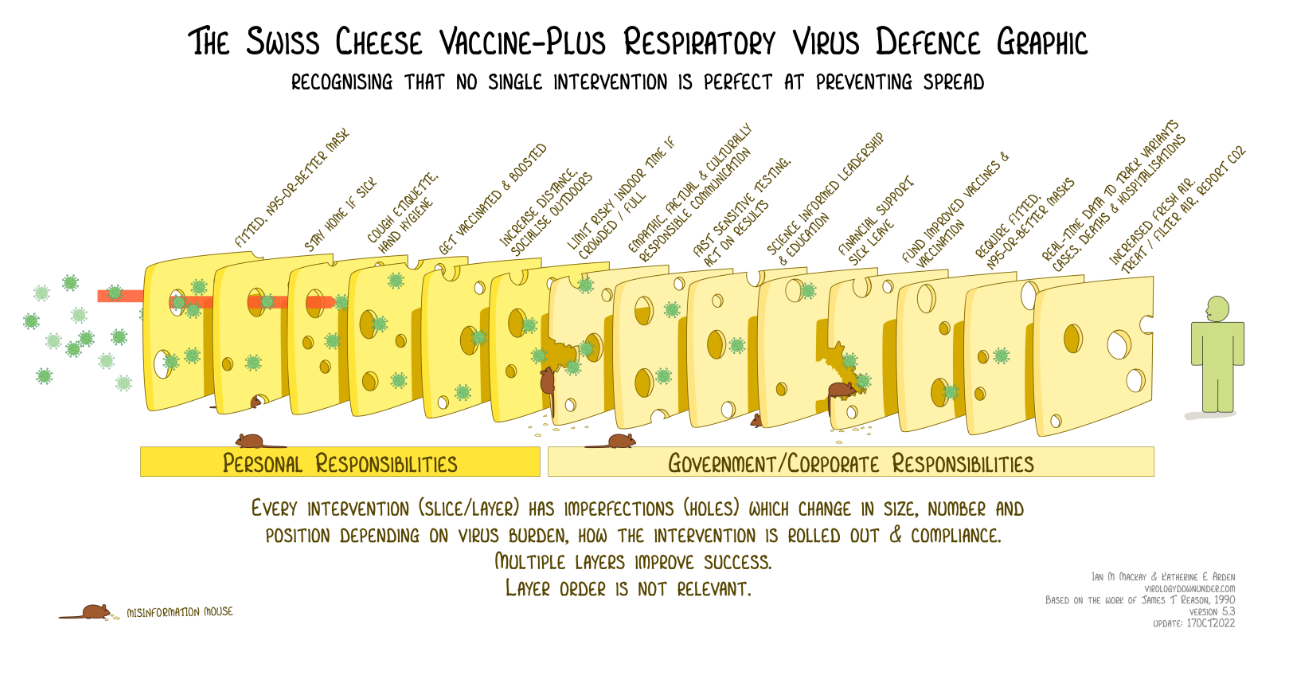 Infographic of Swiss cheese prevention for respiratory viral infections.
