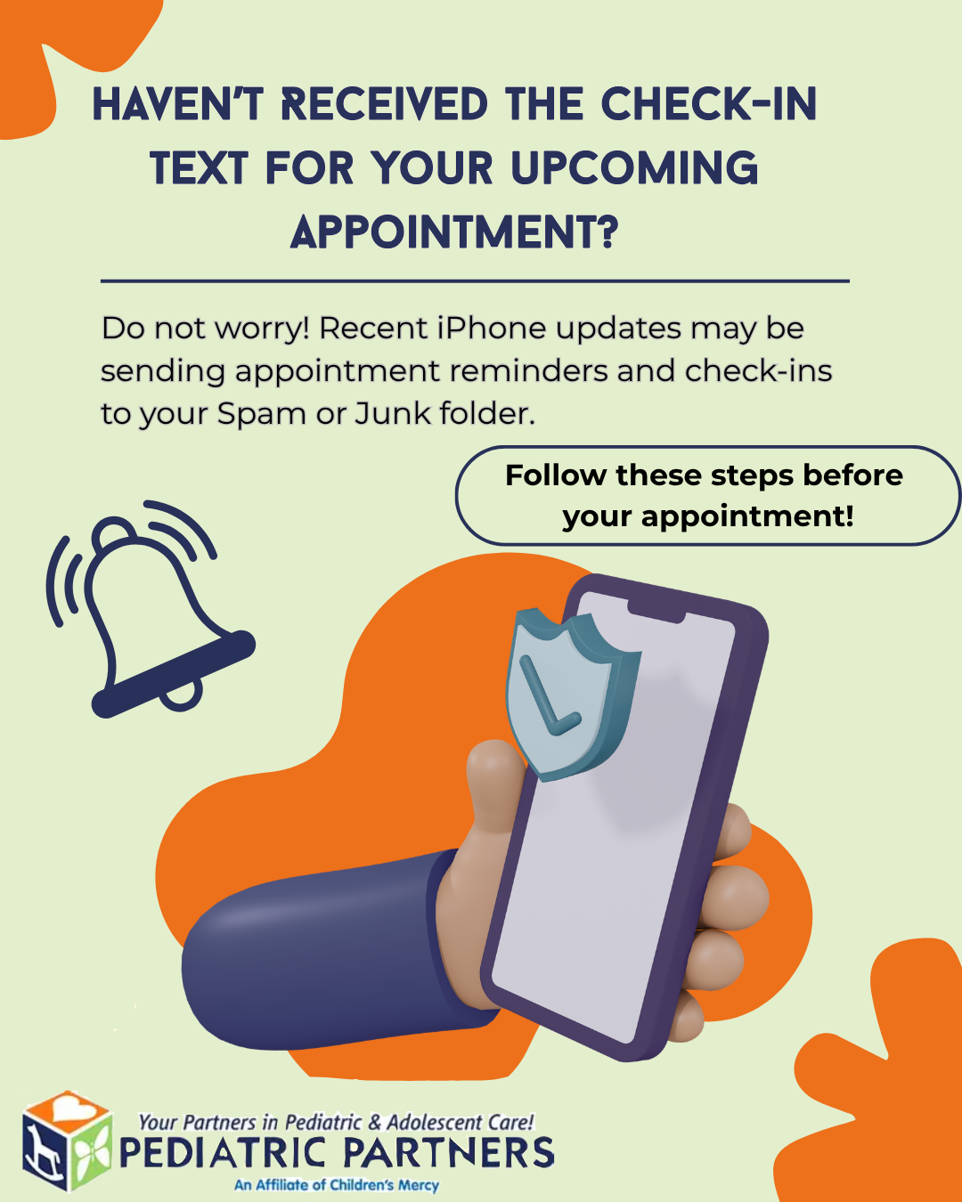 Appointment check-in reminder graphic with smartphone, bell icon, and text on avoiding spam or junk folders.