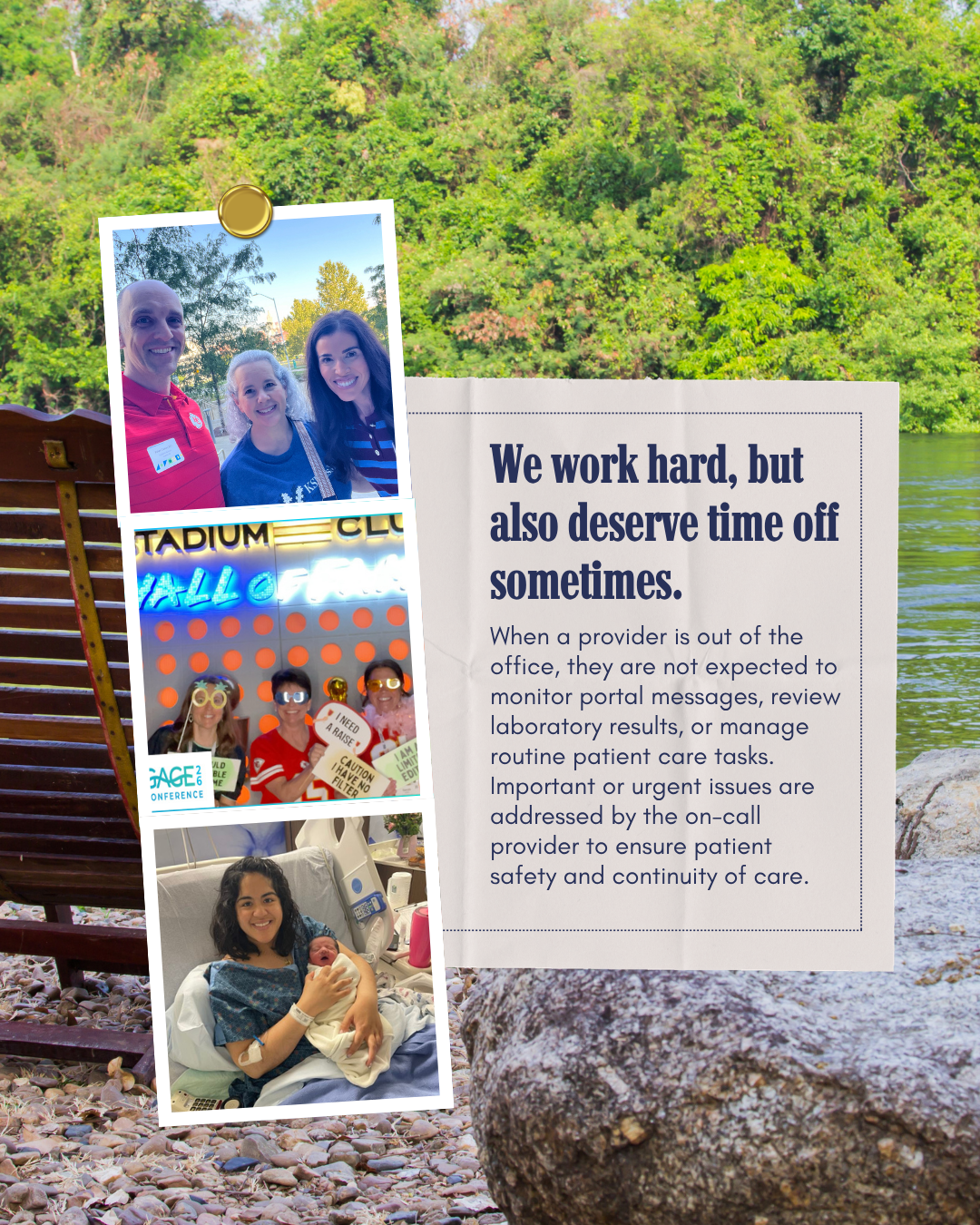 Collage of photos of physicians and staff at conferences and Dr Khaleghi with her newborn and a quote reading, “We work hard, but also deserve time off sometimes,” outdoors.