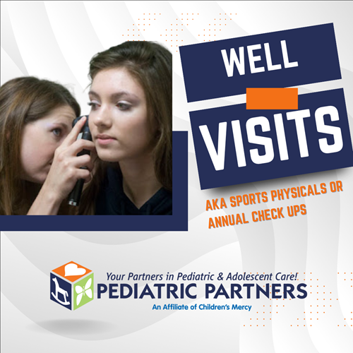 A medical professional uses an otoscope to examine a patient during a check-up, with text promoting Pediatric Partners.
