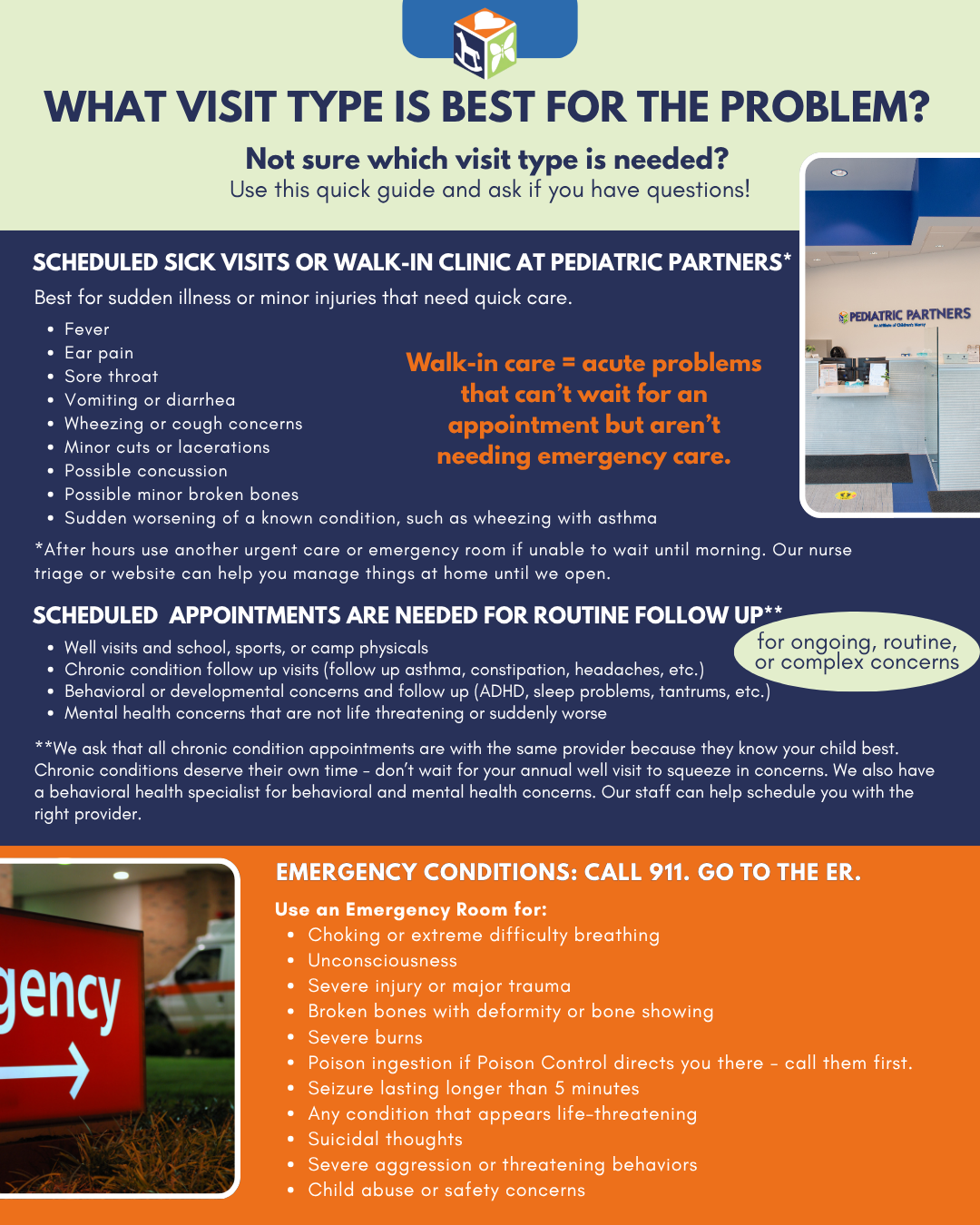 Infographic on urgent care, virtual visits, and emergency symptoms, with blue and orange sections that detail what is written in the blog.