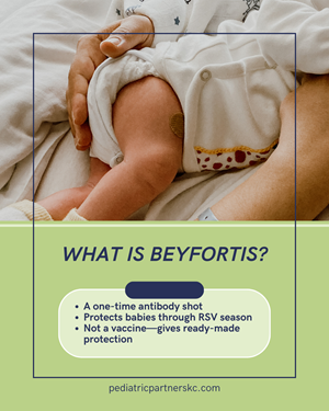 A parent holding a baby, with text below explaining Beyfortis as a one-time antibody shot for RSV protection.