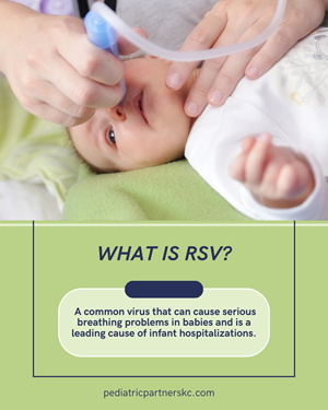 An adult uses a nasal aspirator on an infant. Below, text defines RSV as a virus causing breathing issues in babies.