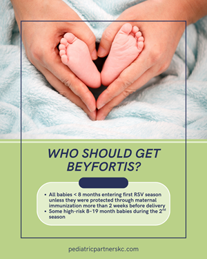 Hands forming a heart around a baby's feet, with text detailing Beyfortis RSV immunization eligibility for infants.