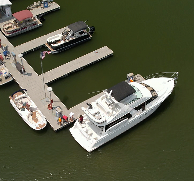 An aerial view of boats docked at a marina