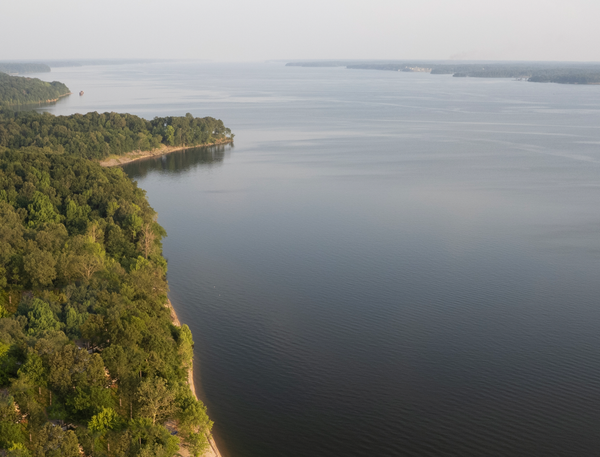 An aerial view of a large body of water surrounded by trees.
