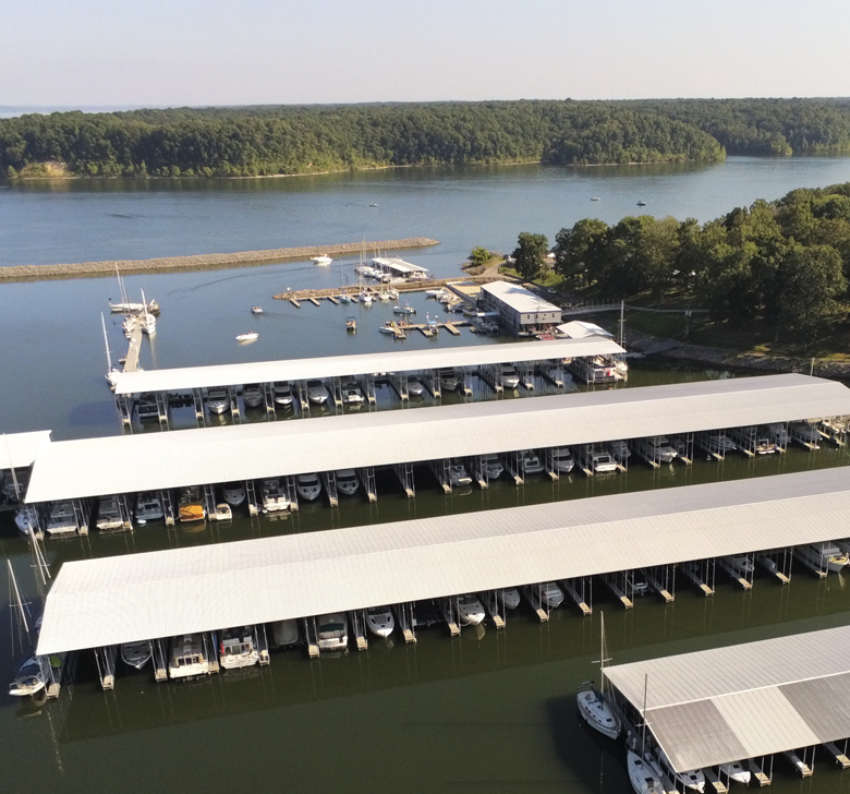 An aerial view of a marina filled with boats