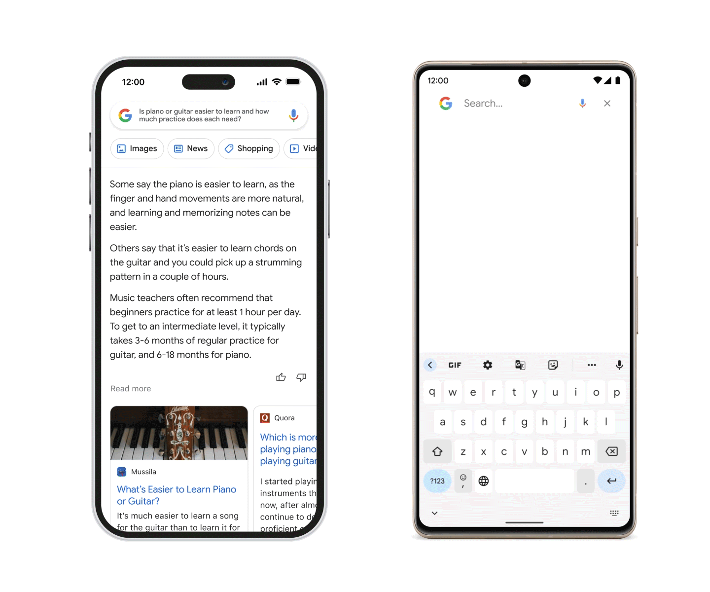 Two smartphones side-by-side displaying a webpage and a search interface, respectively.