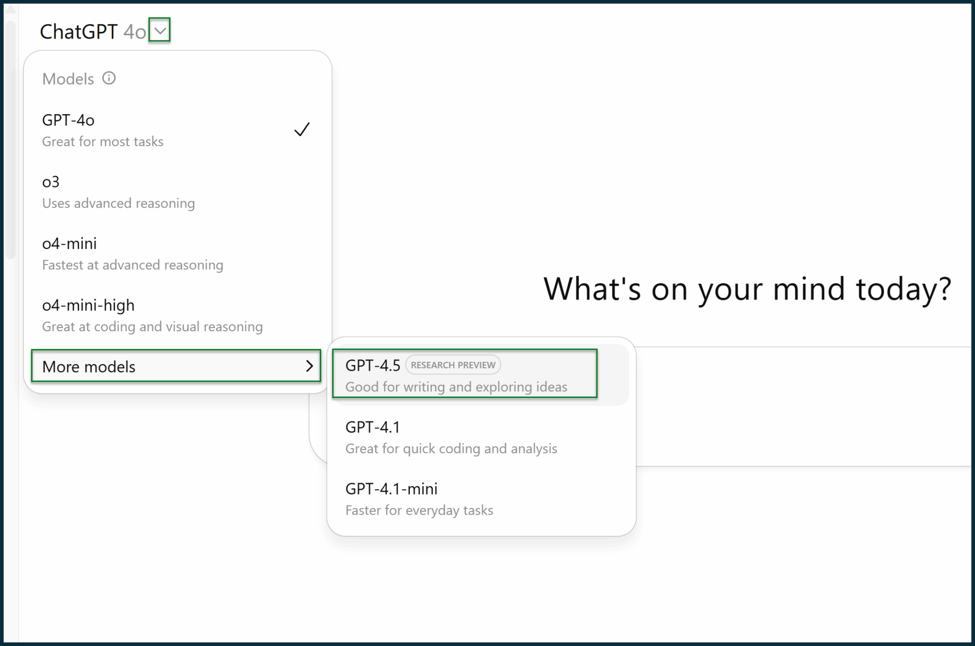 A screenshot of the ChatGPT interface, with a model selection dropdown menu open.