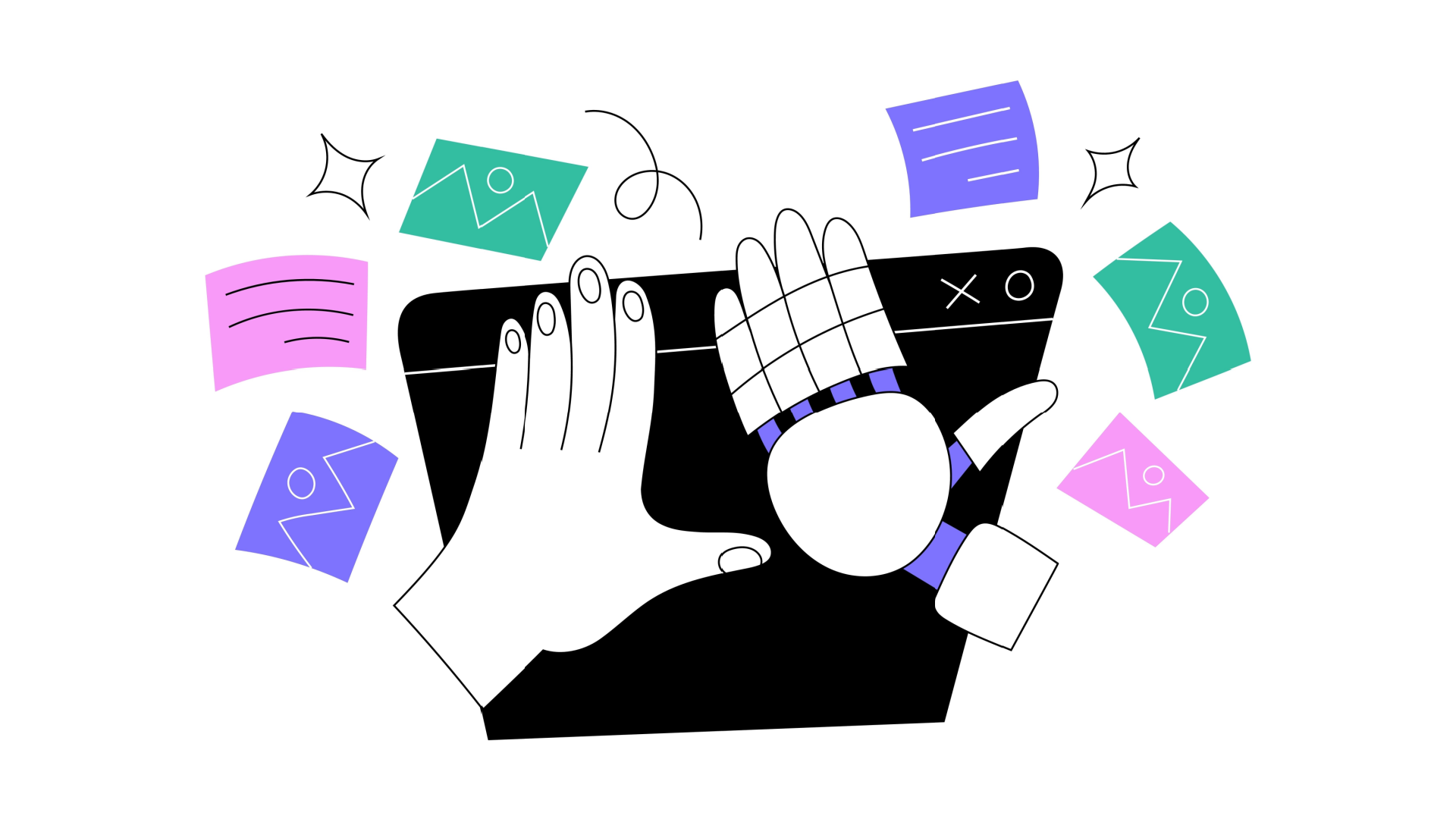A human hand and a robotic hand interacting with a computer screen, surrounded by floating documents and images.
