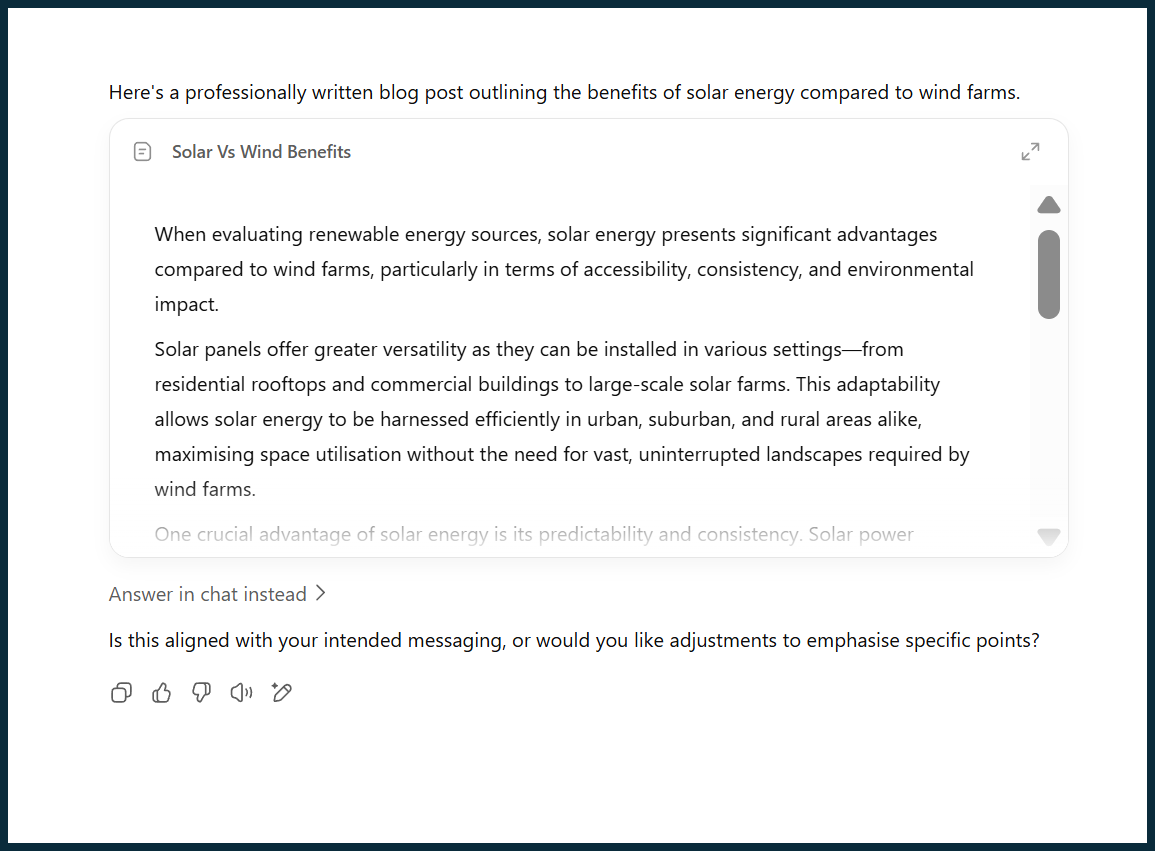 Blog post with text about solar energy, question about measuring energy, and response input area.