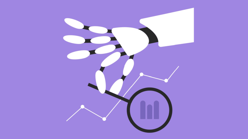 Robot arm analyzing a chart with a magnifying glass, purple background.
