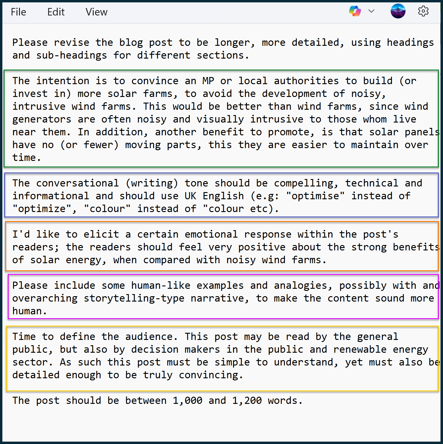 Text instructions for a blog post: revise, use headings, convince officials to build solar farms, use UK English, evoke a positive emotional response, include human examples, target audience is public and decision-makers, 1,000-1,200 words.