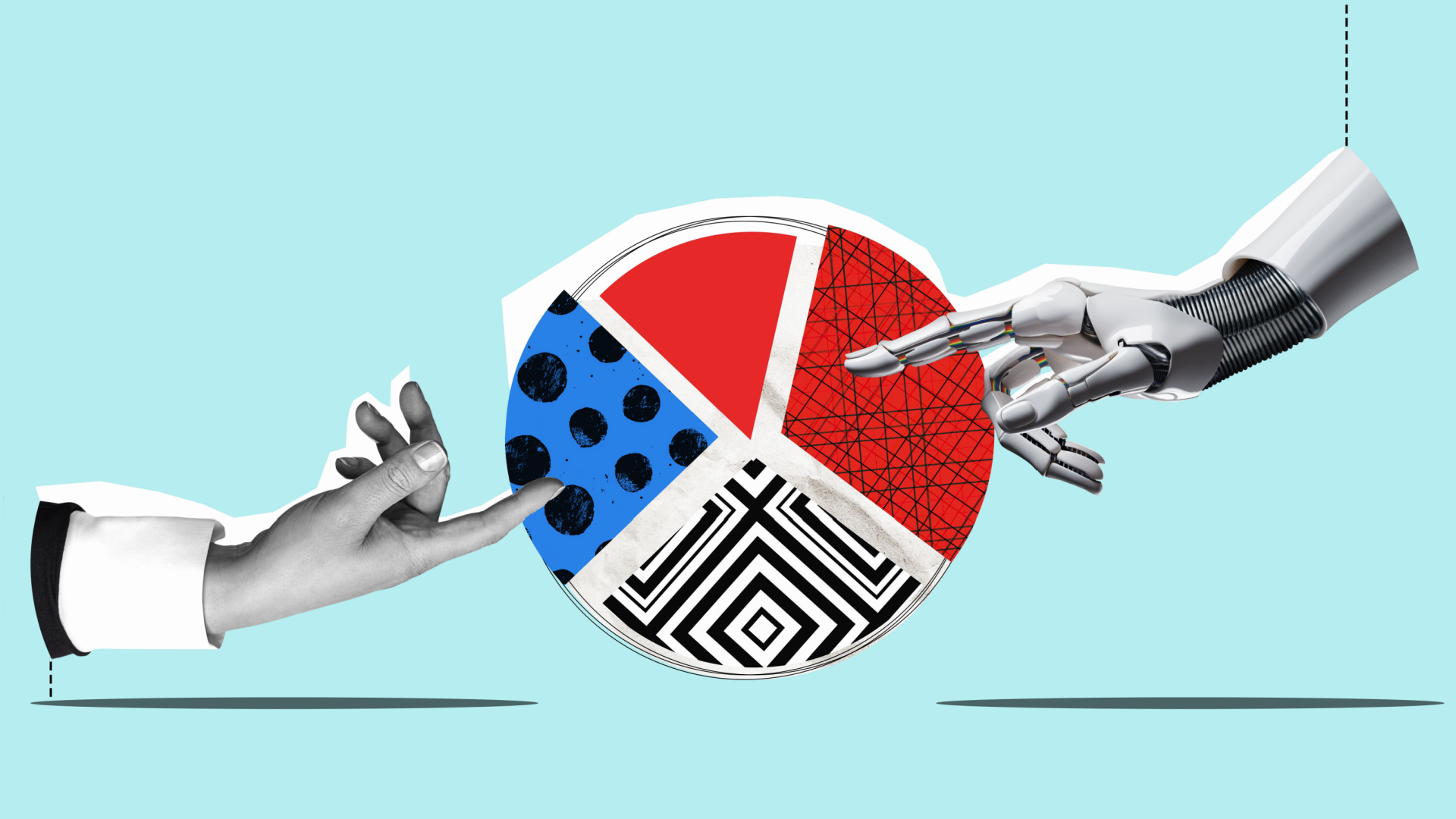 Human and robot hands interacting with a pie chart.